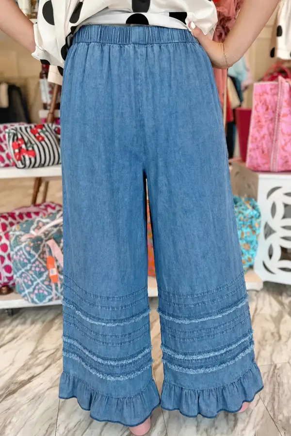 Dusk Ruffled Hem Wide Leg Chambray Pants