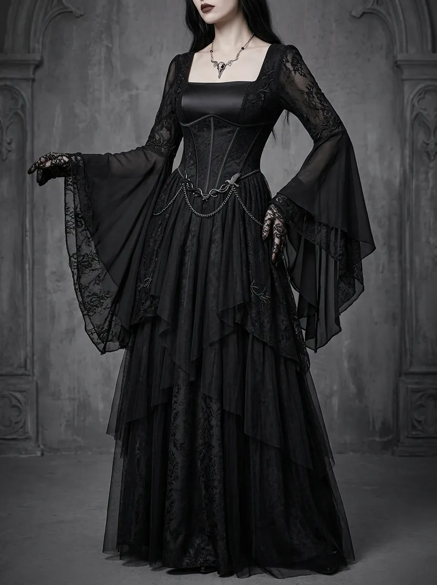Midnight Victorian Corset Lace Dark Look Women's Gothic Dress