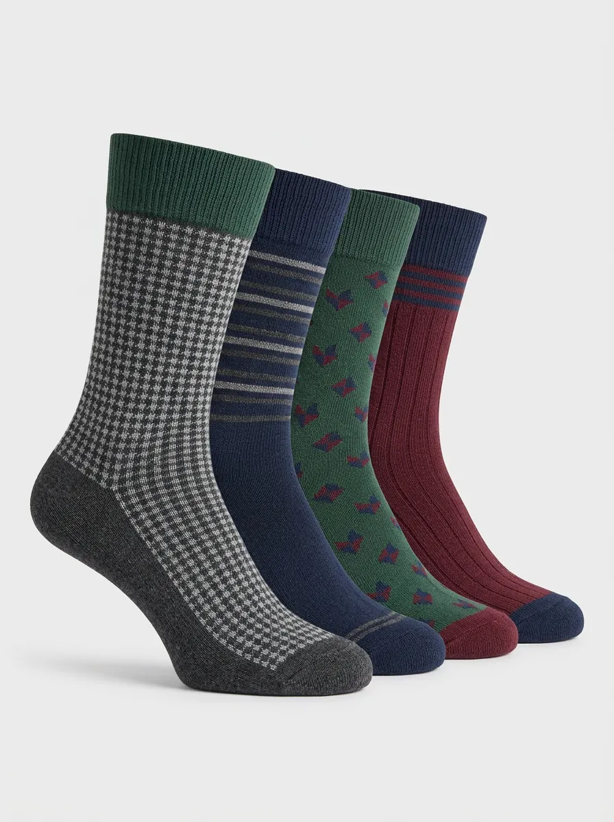 Striped Geometric Crew Length Reinforced Toe Men's Crew Socks Four-Pair Pack