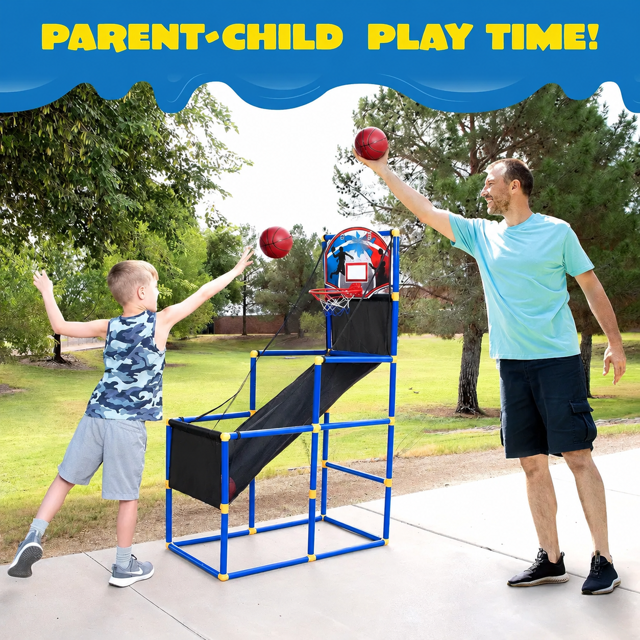 Family playing basketball outdoors