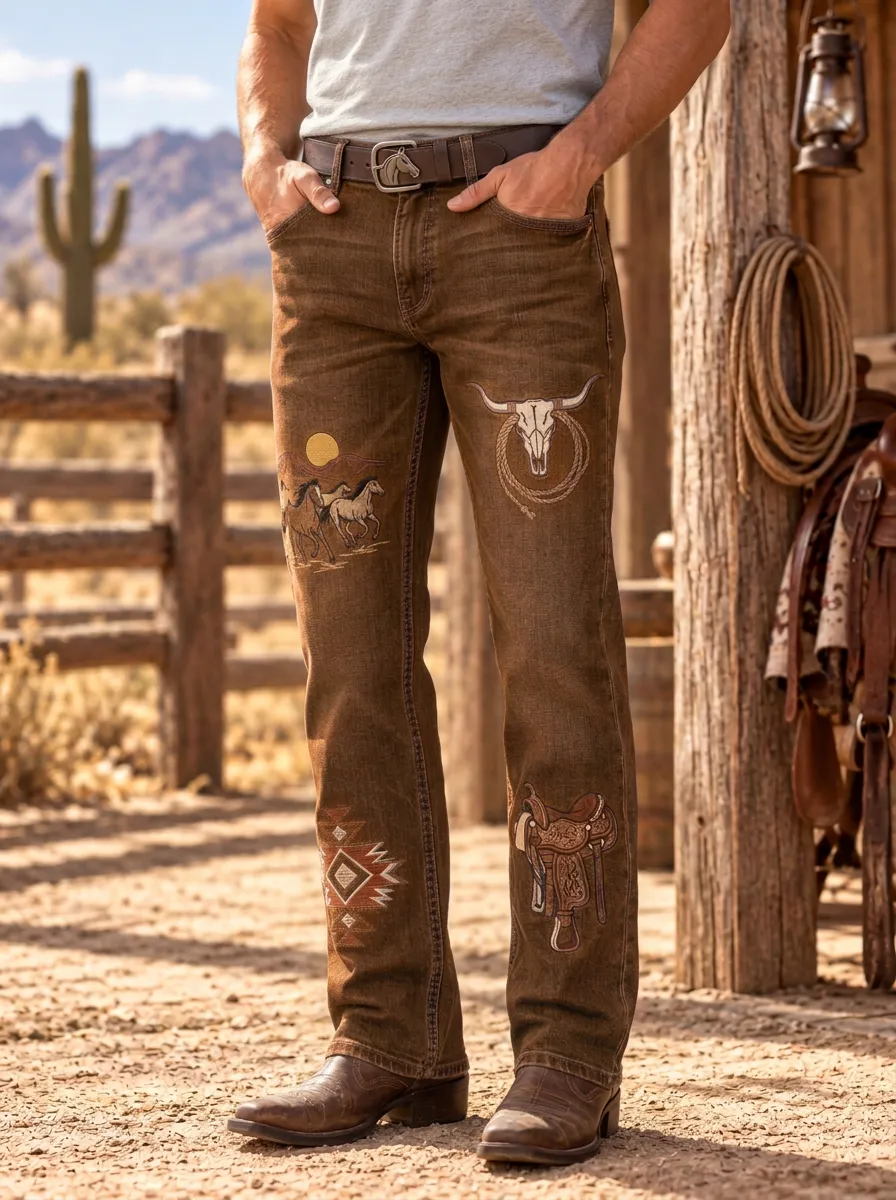 Men's Western Cowboy Horse Skull Jeans