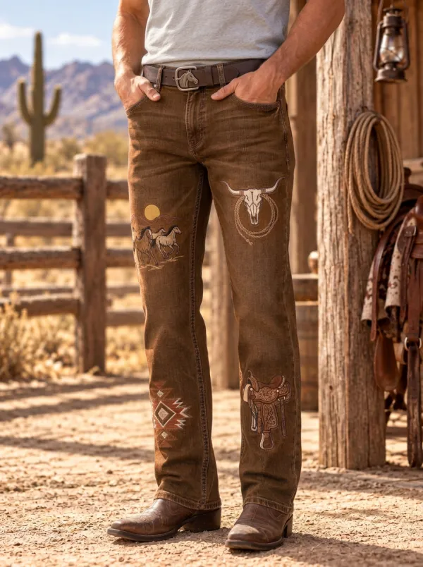Men's Western Cowboy Horse Skull Jeans