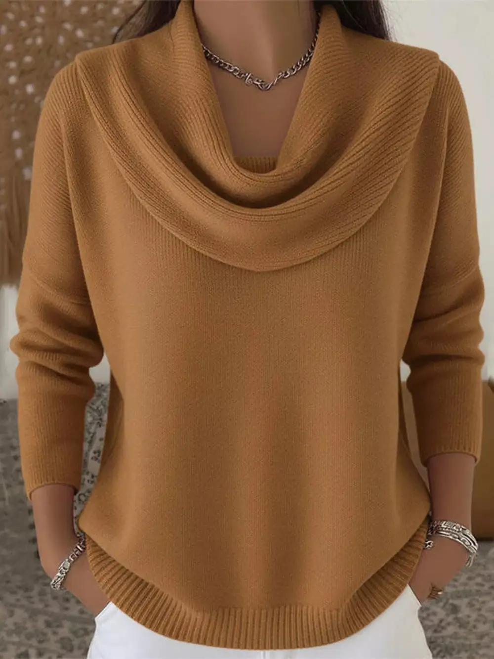 Drape Neck Long Sleeve Knit Top