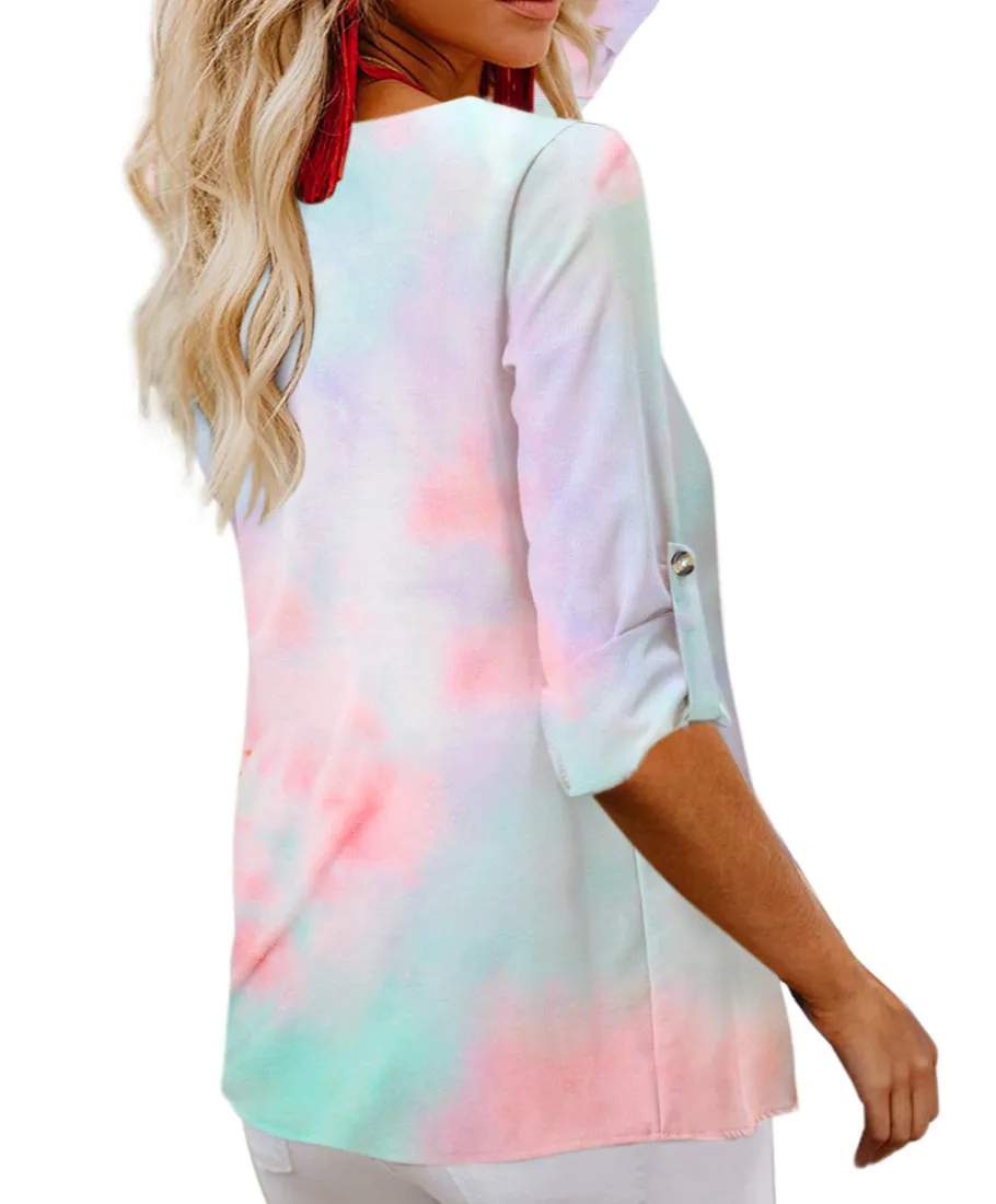V Neck Long Sleeve Tie Dye Blouse with Buttons Closure