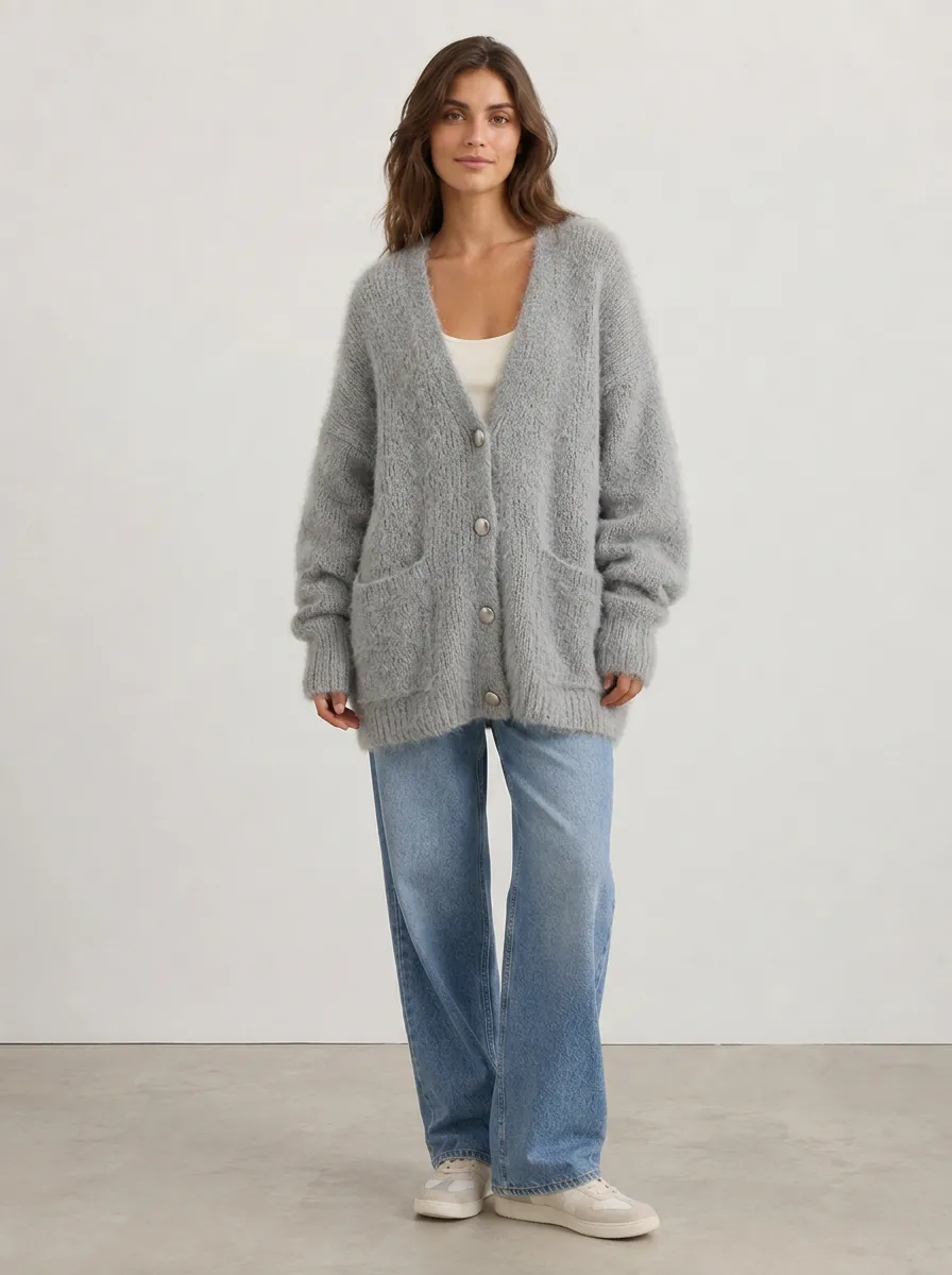 Women's Casual Oversized Grey Fuzzy Knit Cardigan