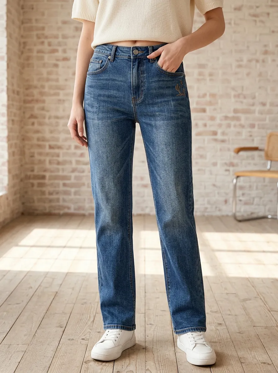 Women's Cactus Embroidery High-Waisted Blue Denim Jeans