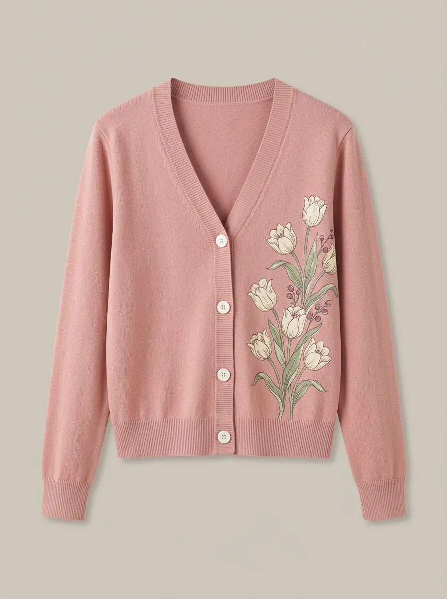 Women's V-Neck Graphic Floral-Motif Cardigan