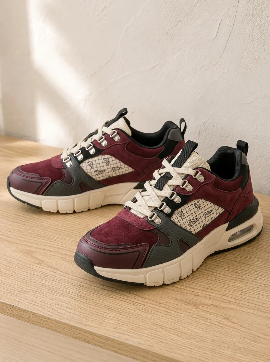 Women's Maroon Suede Grid Pattern Printed Sneakers