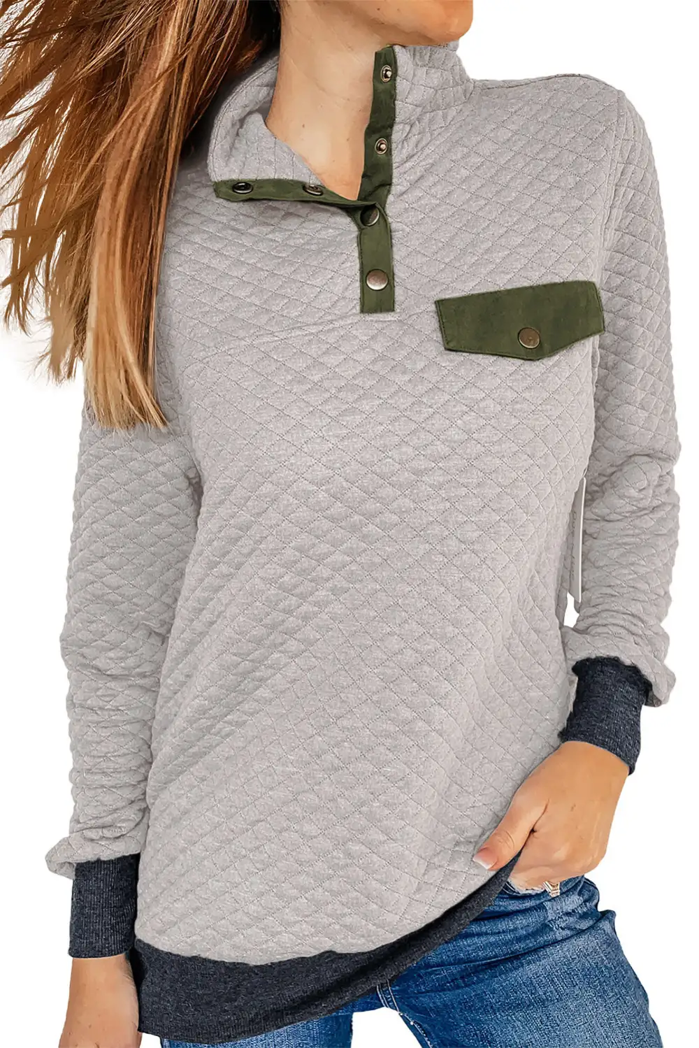 Quilted Snaps Stand Neck Fake Front Pocket Sweatshirt