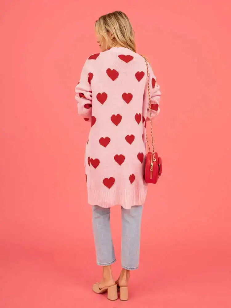 Hearts Print Long Cardigan