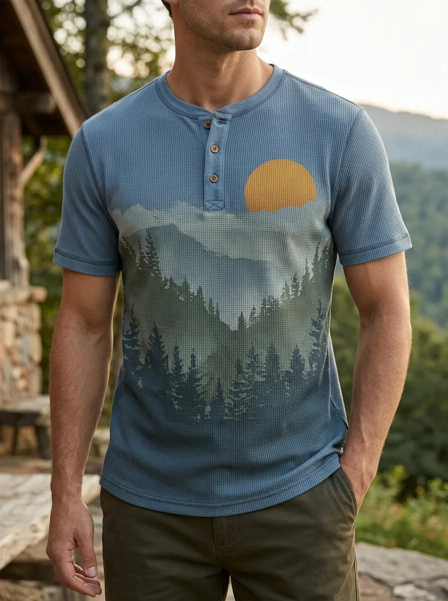Men's Distinctive Nature Lover Mountain Forest Sunset Henley T-Shirt