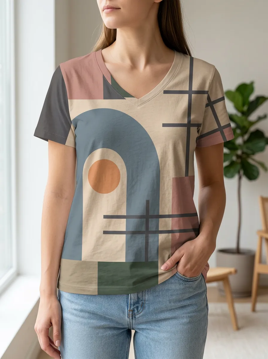 Women's Curved Abstract Geometric Art V-Neck T-Shirt