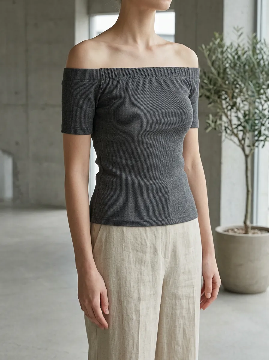 Women's Softline Casual Minimalist Ribbed Off-Shoulder Ribbed Texture Off-Shoulder Top