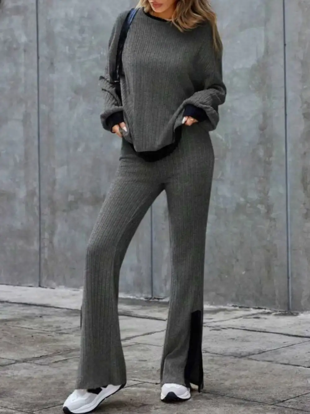 Contrast Round Neck Long Sleeve Top And Bootcut Pants Set