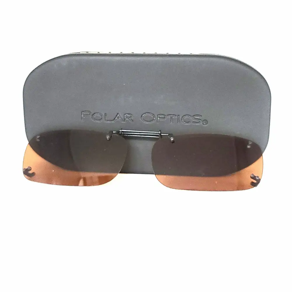 Frameless Amber Lens 56mm Rectangular Polarized Clip-On Sunglasses with Hard Case