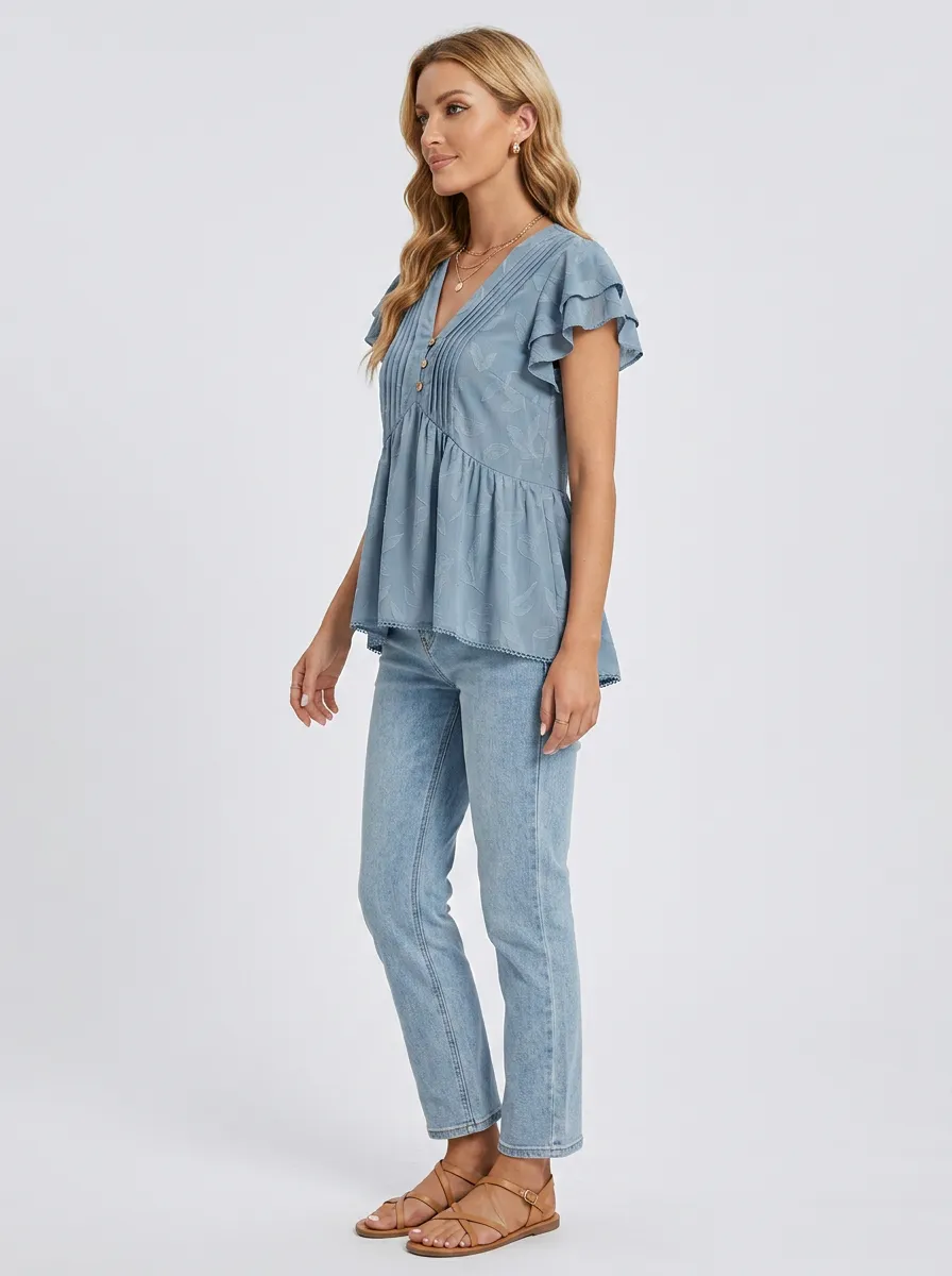 Boho Leaf Pattern Printed V-Neck Peplum Top