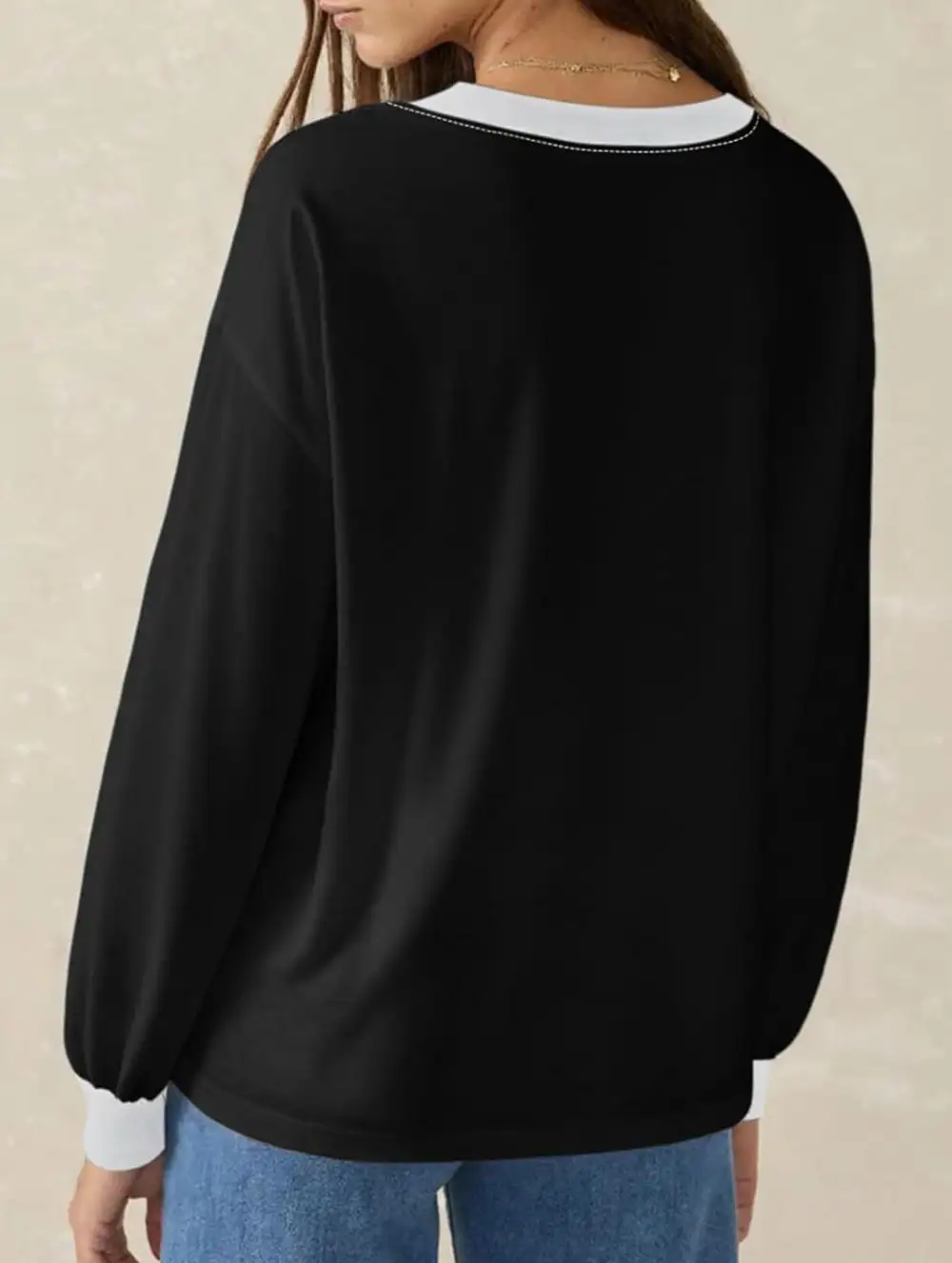 Contrast V Neck Loose Sweatshirt