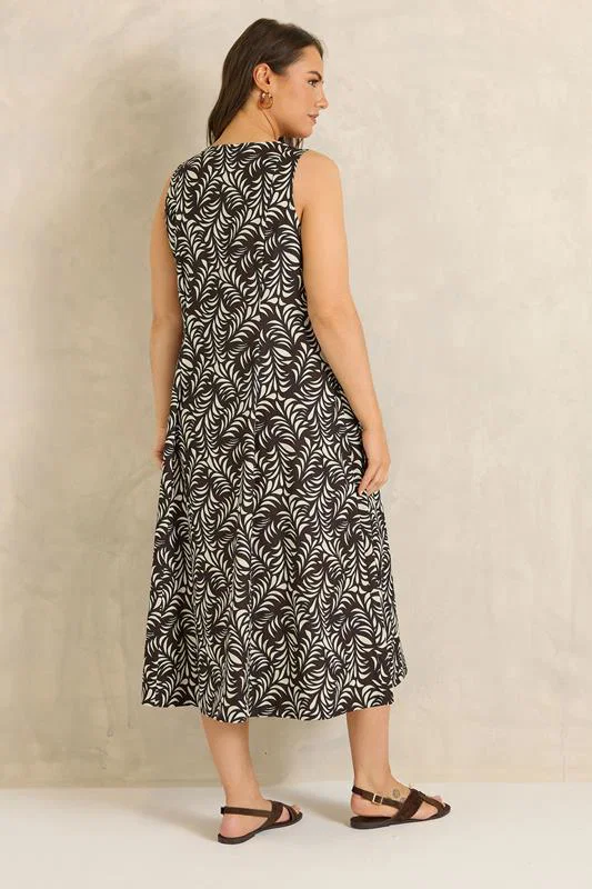 Brown Linen Leaf Print Maxi Dress detail 3