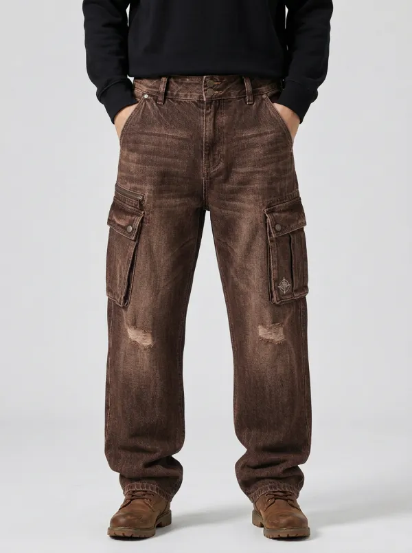 Men's Ridge Streetwear Distressed Denim Multi-Pocket Cargo Jeans