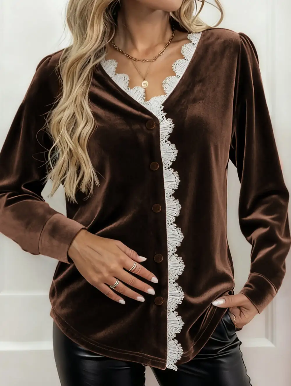 Retro V Neck Lace Trimmed Velvet Top