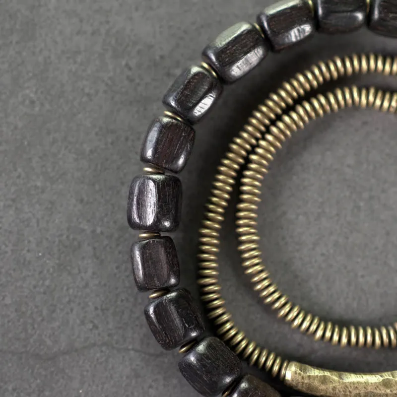 Vintage Ebony Wood Beads Copper Multilayered Bracelet