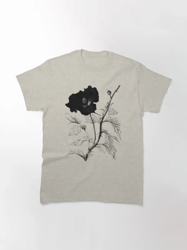 Women's Delicate Black Floral Pattern Print Crew Neck Short-Sleeve T-Shirt