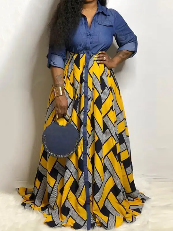 Sleeves Printed Buttoned Long Maxi Dress