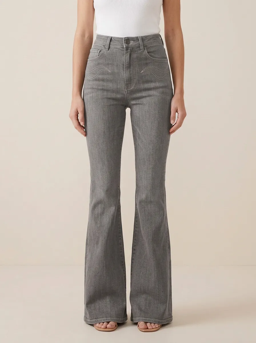 Embroidered Detail Contrast Stitch Printed Detail Flare Jeans