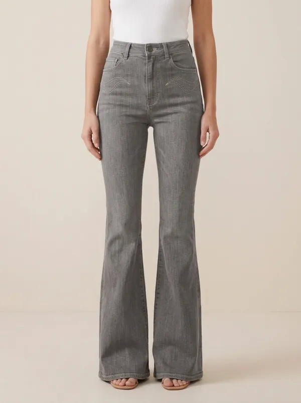 Embroidered Detail Contrast Stitch Printed Detail Flare Jeans