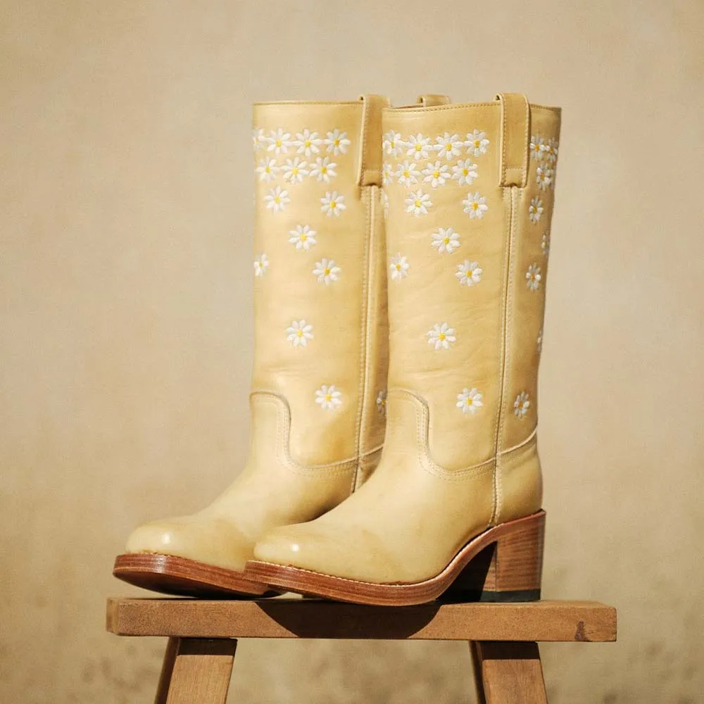 Faux-Leather Embroidered Floral Round-Toe Western Boots