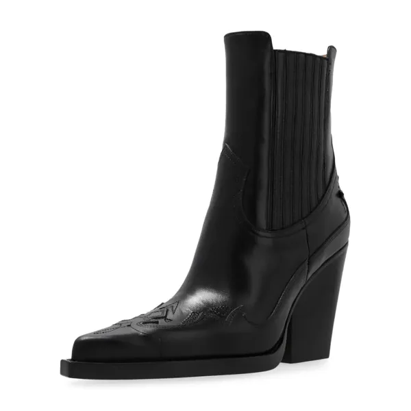 Faux-Leather Pull-On Pointed-Toe Block-Heel Ankle Boots