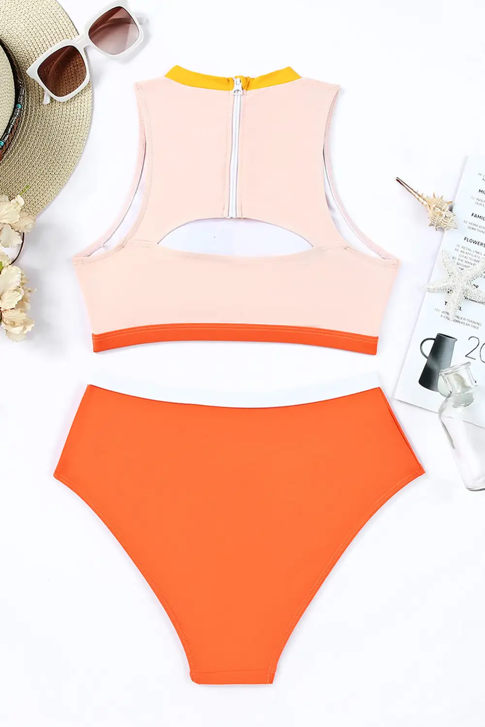 Swimwear Color Block Zipped Cut Out Bikini Swimwear