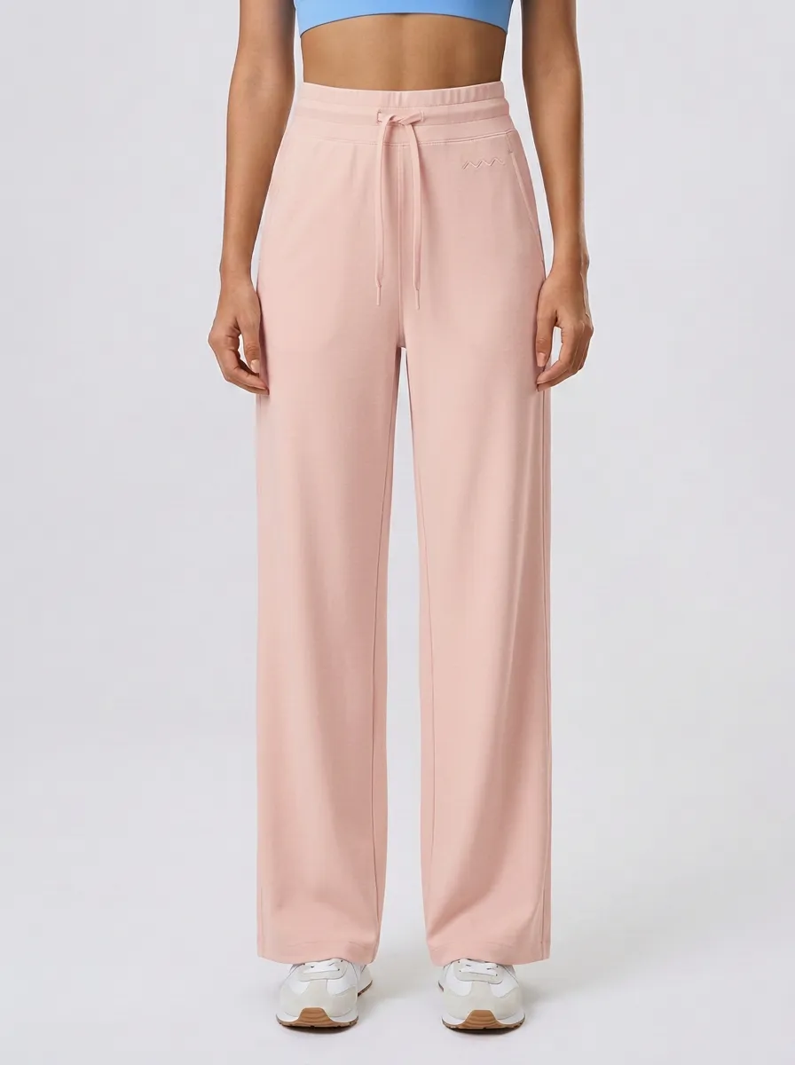 Women's Minimalist Solid Beige Drawstring Wide Leg Sweatpants
