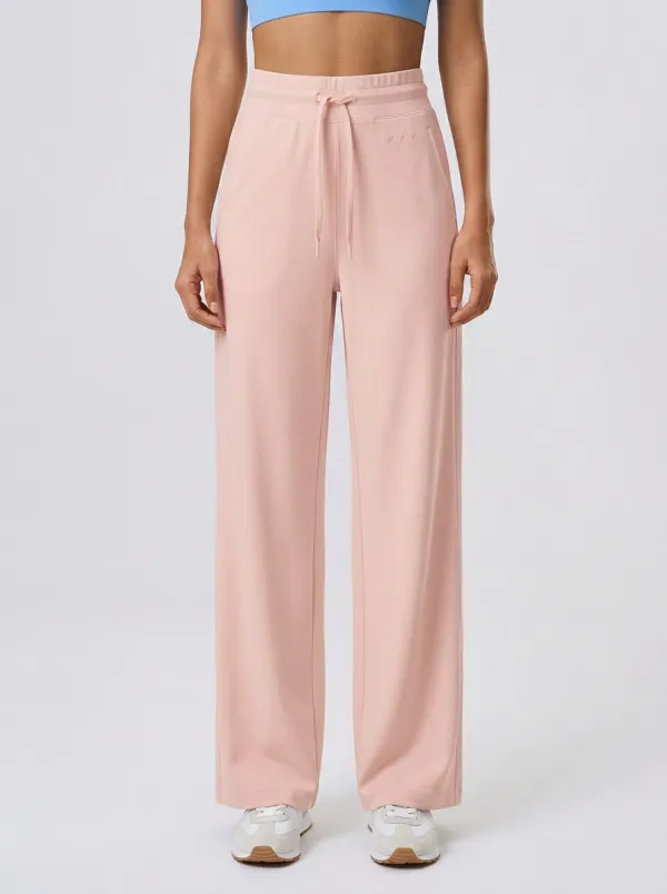 Women's Minimalist Solid Beige Drawstring Wide Leg Sweatpants