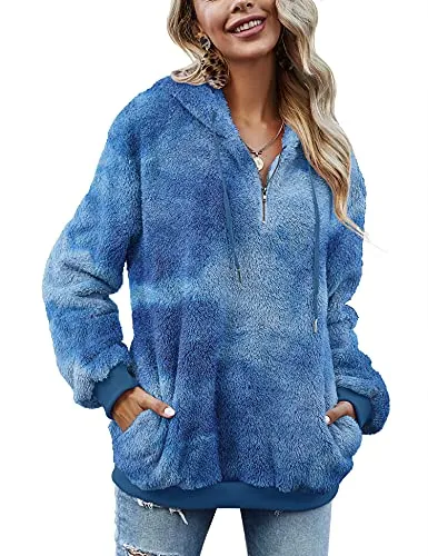 Women Casual Double Fuzzy Sweatshirt Faux Fleece Zip Pullover Hoodies Coat Outwear S-XXL