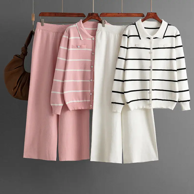 Comfort Striped Polo Knit Sweater And Wide Leg Pants Set