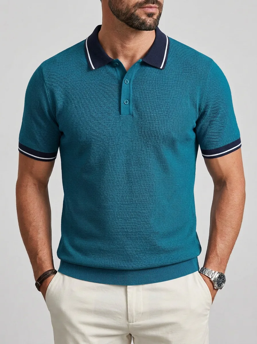 Men's Casual Blue Textured Contrast Trim Polo Shirt