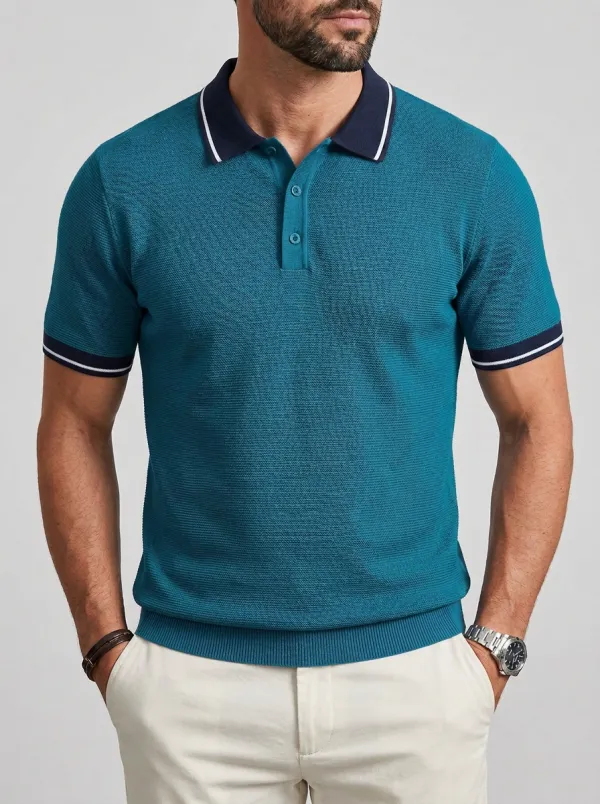 Men's Casual Blue Textured Contrast Trim Polo Shirt