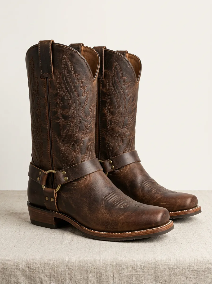 Men's Ranch Western Brown Leather Embroidered Harness Boots