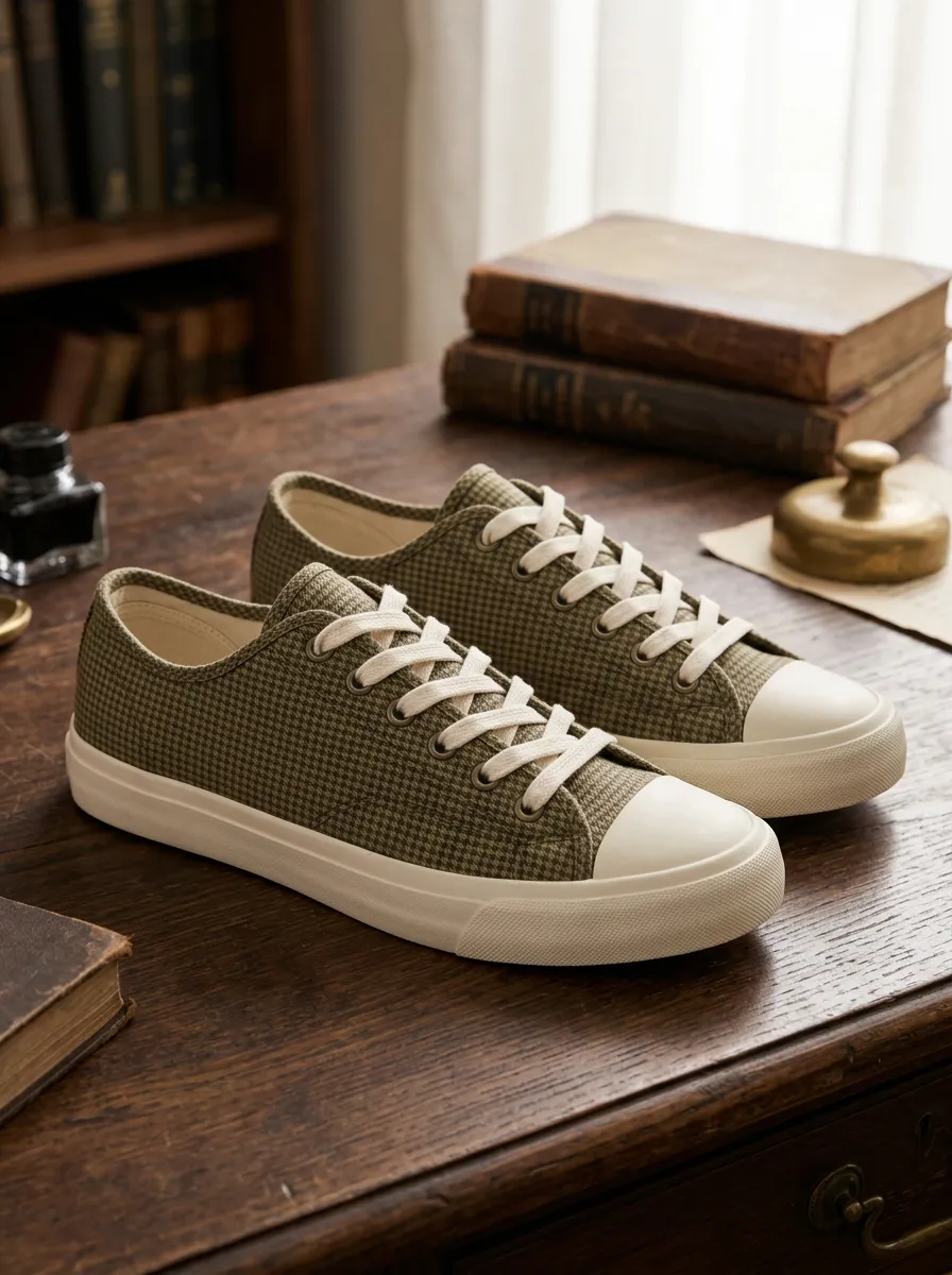Men's Vintage Style Olive Houndstooth Pattern Printed Canvas Shoes