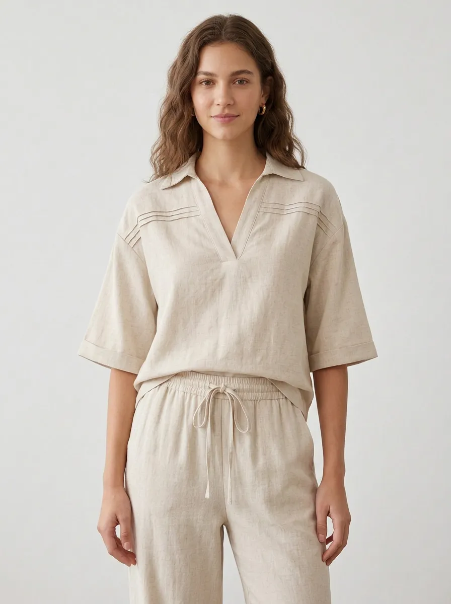 Short-Sleeve Pleated Women's V-Neck Shirt