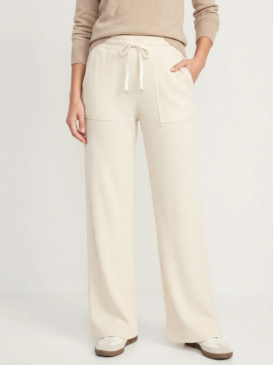 Women's Casual Waffle Knit Drawstring Wide Leg Pants