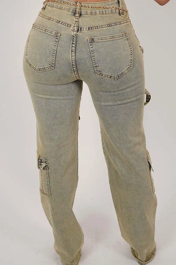 Green Distressed Washed Multi-Pocket Jeans