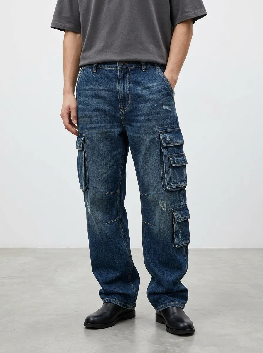 Men's Canyon Vintage Distressed Denim Multi-Pocket Cargo Jeans