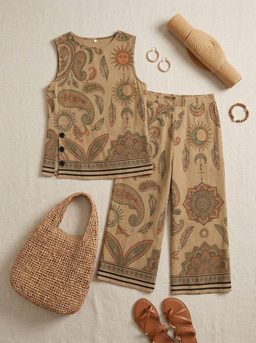 Women's Boho Sun Moon Paisley Printed Sleeveless Set