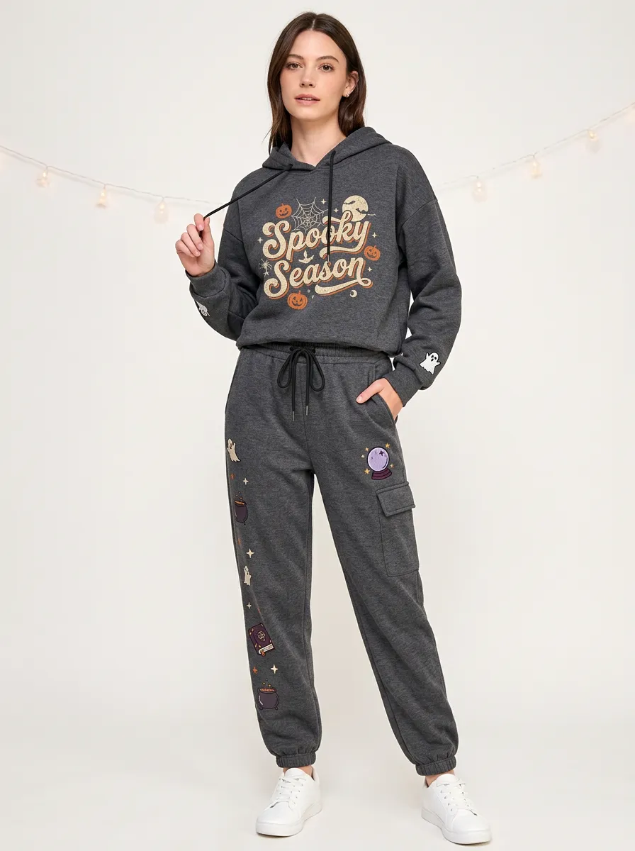 Women's Halloween Charcoal Spooky Season Pumpkin Ghost Hoodie Jogger Set
