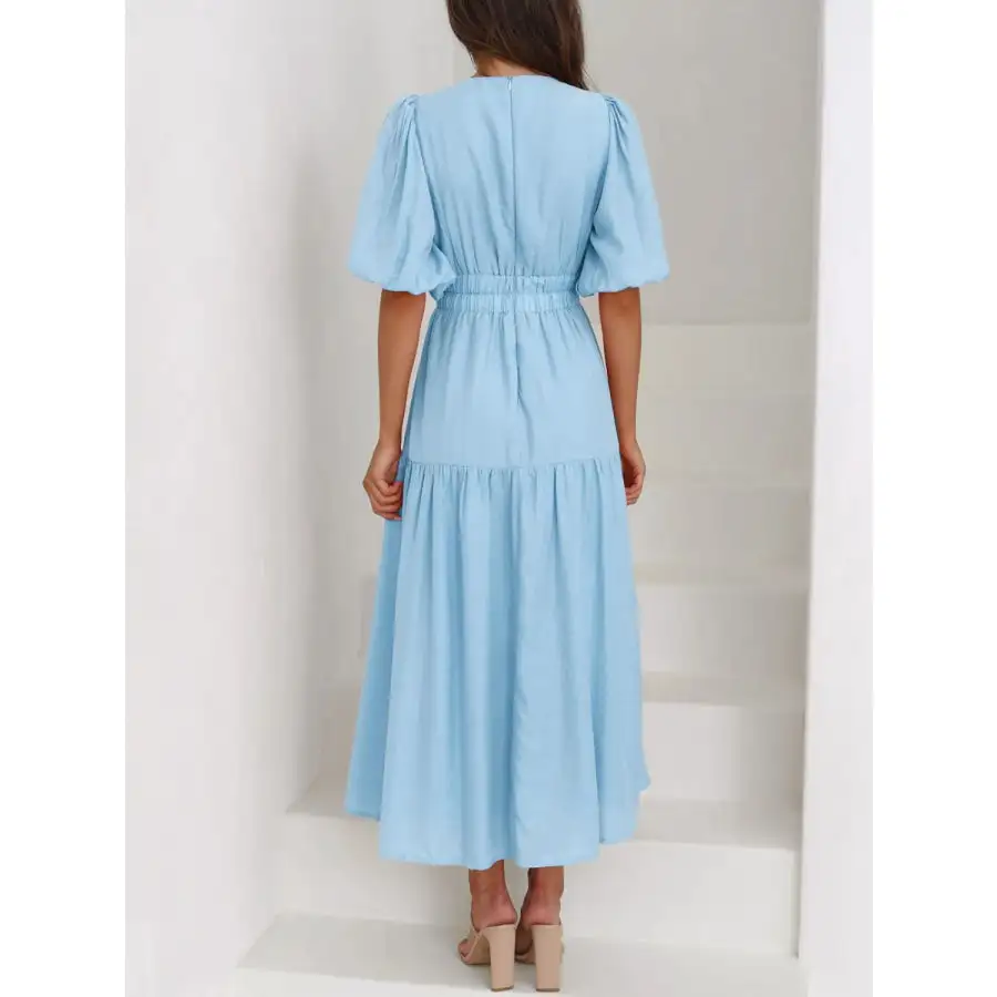 Neck V-Neck Puff Sleeve Midi Dress