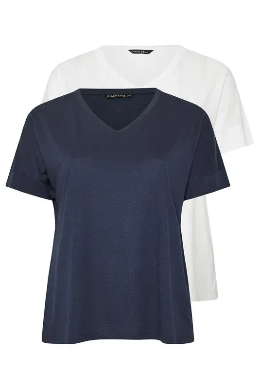 ESSENTIAL 2 PACK Curve Navy Blue & White V-Neck Modal Rich T-Shirts