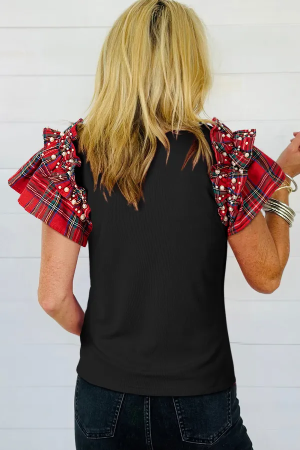 Black Plaid Pearl Ruffle Short Sleeve Tee