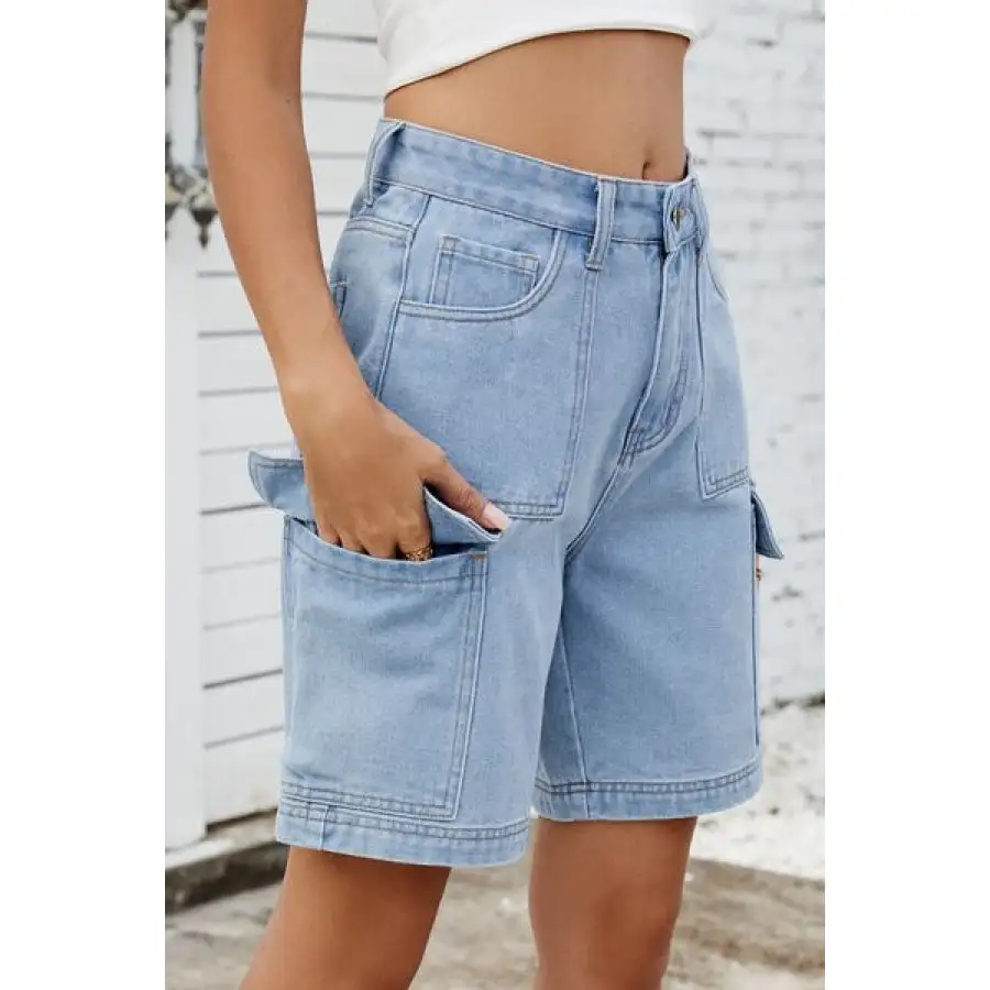 High Rise Pocketed Cargo Denim Shorts